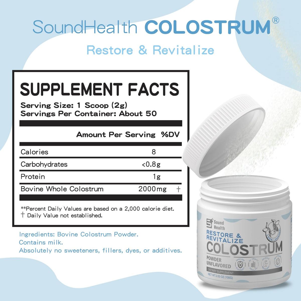 Colostrum Supplement Powder for Humans - Organic Bovine Colostrum Supplement for Gut Health, Hair Growth, Beauty