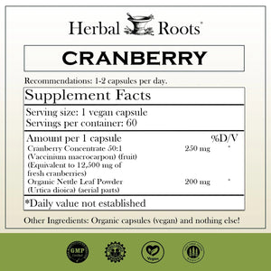 Herbal Roots Extra Strength Cranberry Pills for Women & Men with Organic Nettle | Urinary Tract Health | 60 Vegan Capsules Herbal RootsBuy Supplements Australia