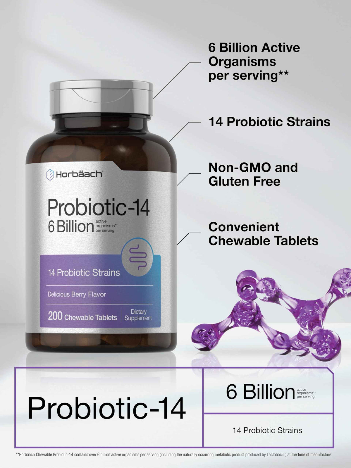 Horbäach Probiotics 6 Billion CFUs | 200 Chewable Tablets | Berry Flavor | 14 Probiotic Strains | Vegetarian, Non-GMO & Gluten Free Supplement for Men & Women