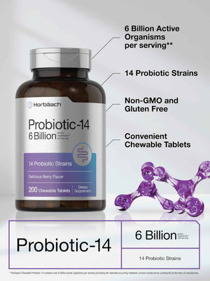 Horbäach Probiotics 6 Billion CFUs | 200 Chewable Tablets | Berry Flavor | 14 Probiotic Strains | Vegetarian, Non-GMO & Gluten Free Supplement for Men & Women