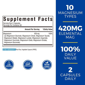 Vitalibre 10 in 1 Magnesium Complex, 420mg Elemental Magnesium | Ultra Strength, Max Absorption | Chelated Magnesium Supplement for Nerves, Bone & Heart Health | Non-GMO, 120 Vegan Capsules VitalibreBuy Supplements Australia