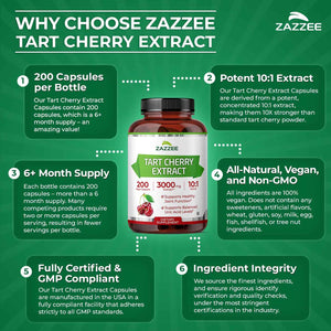 Zazzee Tart Cherry 10:1 Extract, 200 Vegan Capsules, 6+ Month Supply, Montmorency Cherry, Certified Kosher, Joint & Uric Acid Support, Antioxidant Support Formula, Non-GMO, Made in the USA