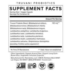 Truvani Probiotic Supplement | 30 Servings | 15 Billion CFU | 15 Diverse Strains for Digestive, Immune & Brain Health Support | Shelf-Stable Vegan Capsules | Non-GMO, No Fillers TruvaniBuy Supplements Australia