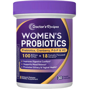 Doctor's Recipes Probiotics for Women, 100 Billion CFU, 18 Probiotic Strains, Prebiotics, Cranberry, P-5-P & VC, Vaginal, Digestive & Immune Support, Shelf-Stable, 30 Vegan Caps