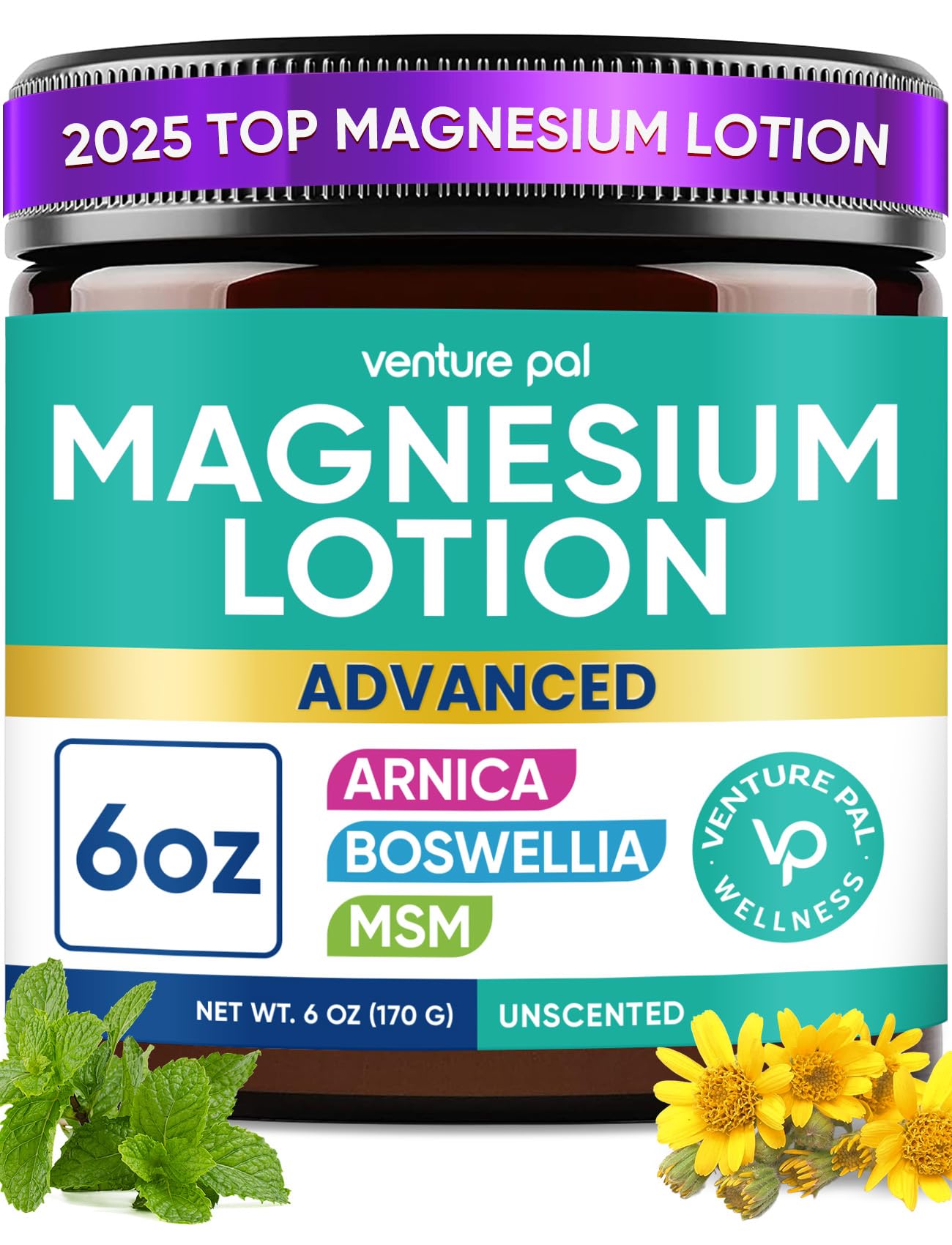 Magnesium Lotion with Arnica, MSM & Boswellia - Safe for Kids - 6 fl oz - Cooling Magnesium Cream - Lightweight Moisturizing Lotion for Legs & Feet
