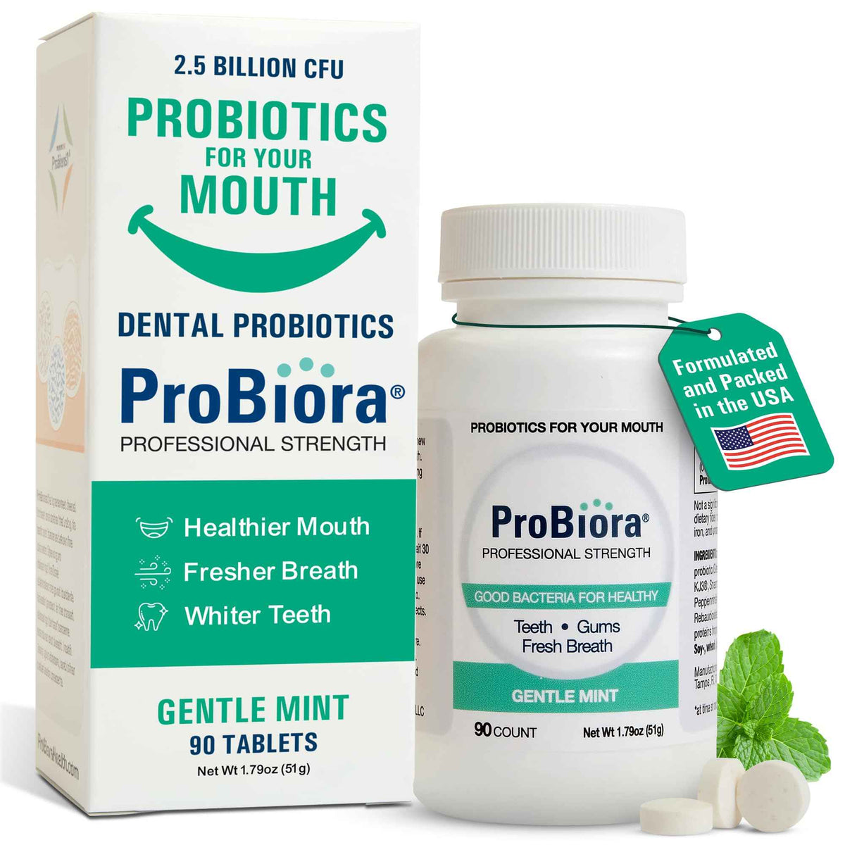 ProBiora Professional Strength Oral Probiotics for Teeth and Gums | Dental Probiotic for Oral Health | Bad Breath Treatment for Adults | Tooth Whitening | ProBiora3 Probiotic Blend | 90 Mint Tablets