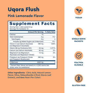 Uqora Flush - Urinary Tract* with D-Mannose, Vitamin C, Vitamin B6, Potassium, Magnesium & Calcium - Gluten-Free & Vegan - Pink Lemonade Flavor - 20 Packets (2 Pack) UqoraBuy Supplements Australia