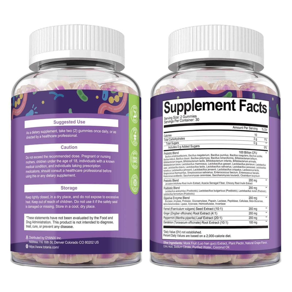 Totaria 2 PCS Sugar Free 5-in-1 Probiotic Prebiotic Postbiotic Gummy, 36 Strains Probiotics for Women Men with Digestive Enzymes, Peppermint, Complete Immune, Gut & Digestive Support, Grape Flavor