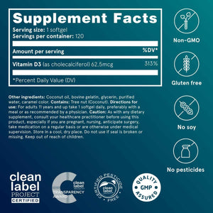 Puori Vitamin D3 Softgels, 2500 IU (62.5 mcg) - Fast Absorbing Vitamin D3 Supplements for Immune System Support, Bone Health & Density and Healthy Muscle Functions - Non-GMO & Gluten-Free - 120 Count