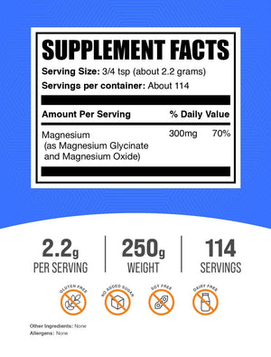 BulkSupplements.com Magnesium Glycinate Powder - Magnesium Glycinate 300mg, Highly Absorbable - Gluten Free, 2.2g per Serving, 250g (8.8 oz) (Pack of 1) BulkSupplementsBuy Supplements Australia