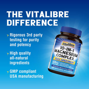 Vitalibre 10 in 1 Magnesium Complex, 420mg Elemental Magnesium | Ultra Strength, Max Absorption | Chelated Magnesium Supplement for Nerves, Bone & Heart Health | Non-GMO, 120 Vegan Capsules VitalibreBuy Supplements Australia