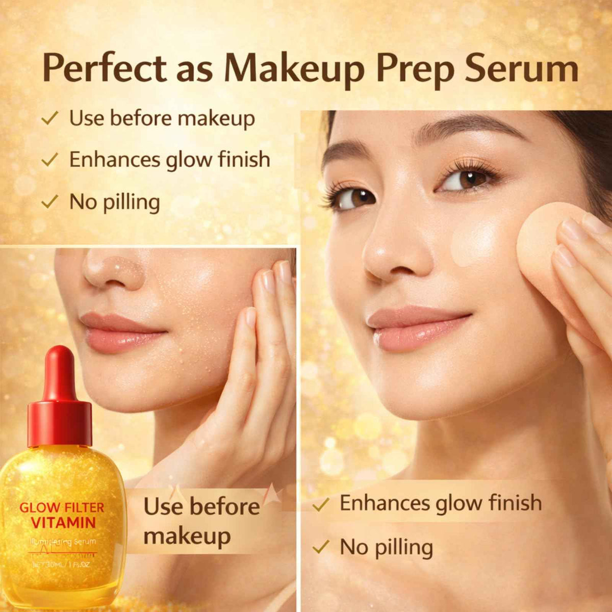 Glow Filter Vitamin Face Serum, Illuminating Glow Facial Serum for Glowing Skin, Hydrating Lightweight Makeup Prep Serum, Radiance Boost