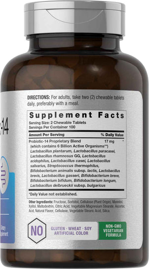 Horbäach Probiotics 6 Billion CFUs | 200 Chewable Tablets | Berry Flavor | 14 Probiotic Strains | Vegetarian, Non-GMO & Gluten Free Supplement for Men & Women