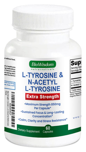Supplement bottle labeled 'L-Tyrosine & N-Acetyl L-Tyrosine' by BioWisdom on a white background