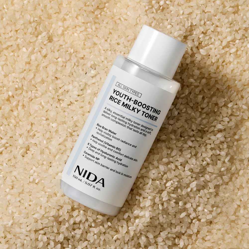 NIDA Youth-boosting Rice Milky Toner, for Glass Skin | Rice Bran Extract, Niacinamide, Ceramide NP, Panthenol | Deep Moisturizing, Hydrating and Refreshing