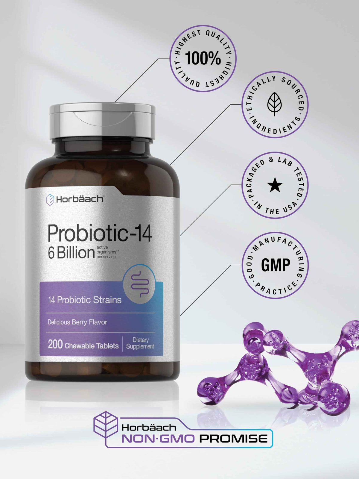 Horbäach Probiotics 6 Billion CFUs | 200 Chewable Tablets | Berry Flavor | 14 Probiotic Strains | Vegetarian, Non-GMO & Gluten Free Supplement for Men & Women