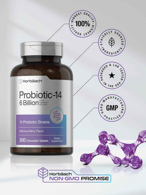 Horbäach Probiotics 6 Billion CFUs | 200 Chewable Tablets | Berry Flavor | 14 Probiotic Strains | Vegetarian, Non-GMO & Gluten Free Supplement for Men & Women
