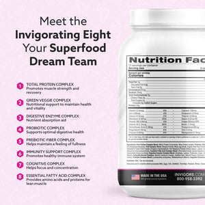 INVIGOR8 Superfood Grass Fed Whey Protein Isolate Shake Natural Strawberry Gluten-Free and Non GMO Meal Replacement with Probiotics and Omega 3 (645g)