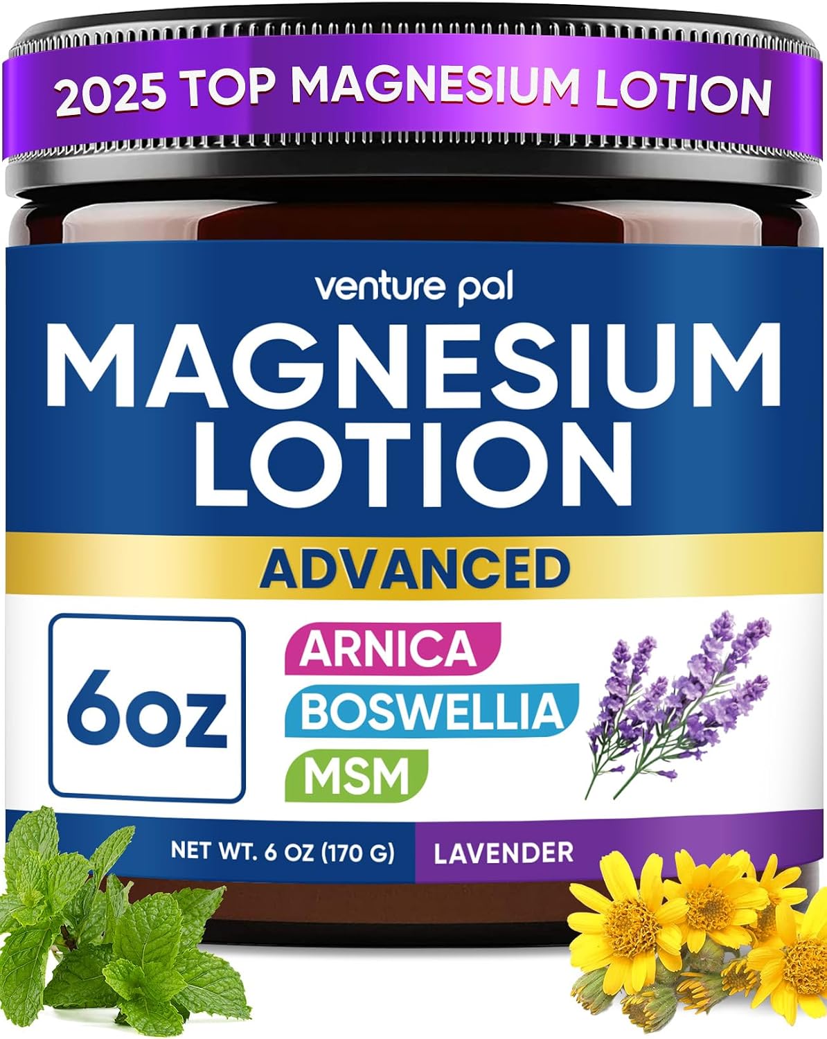 Magnesium Lotion with Arnica, MSM & Boswellia - Safe for Kids - 6 fl oz - Cooling Magnesium Cream - Lightweight Moisturizing Lotion for Legs & Feet
