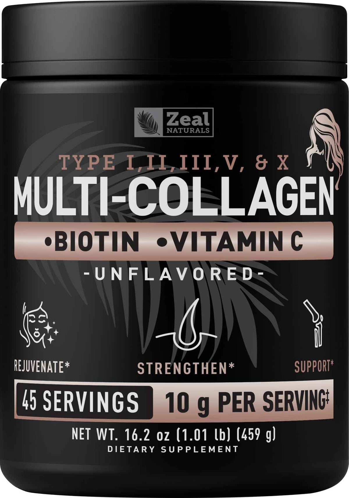 Zeal Naturals Multi Collagen Protein Peptides Powder Types I II III V X - Vitamin C, Biotin & Hyaluronic Acid - Hair, Skin & Nails - Marine, Bovine,
