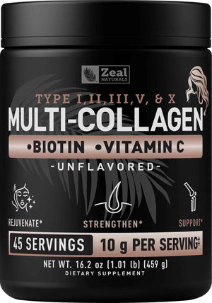 Zeal Naturals Multi Collagen Protein Peptides Powder Types I II III V X - Vitamin C, Biotin & Hyaluronic Acid - Hair, Skin & Nails - Marine, Bovine,