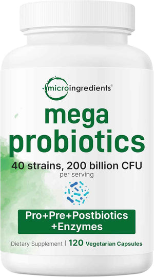 Micro Ingredients Probiotics 200 Billion CFU, 120 Veggie Capsules | Mega Probiotics for Men & Women | 40 Strains with Prebiotics, Postbiotics & Digestive Enzymes | Gut, Immune & Digestive Health