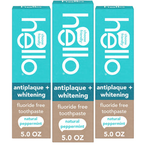 Hello Antiplaque and Whitening Fluoride Free Toothpaste, 5 Oz Tube, Whitening Toothpaste with Natural Peppermint Flavor and Tea Tree Oil, Crushes Tartar