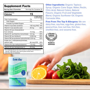 FIRST DAY Toddler Multivitamin Gummies (Ages 2-3)| Kids Multivitamin Gummies with Vitamins A C D3, B2, B12, Choline, Folate and 21 Organic Superfoods| (30 Day Supply) FIRST DAY