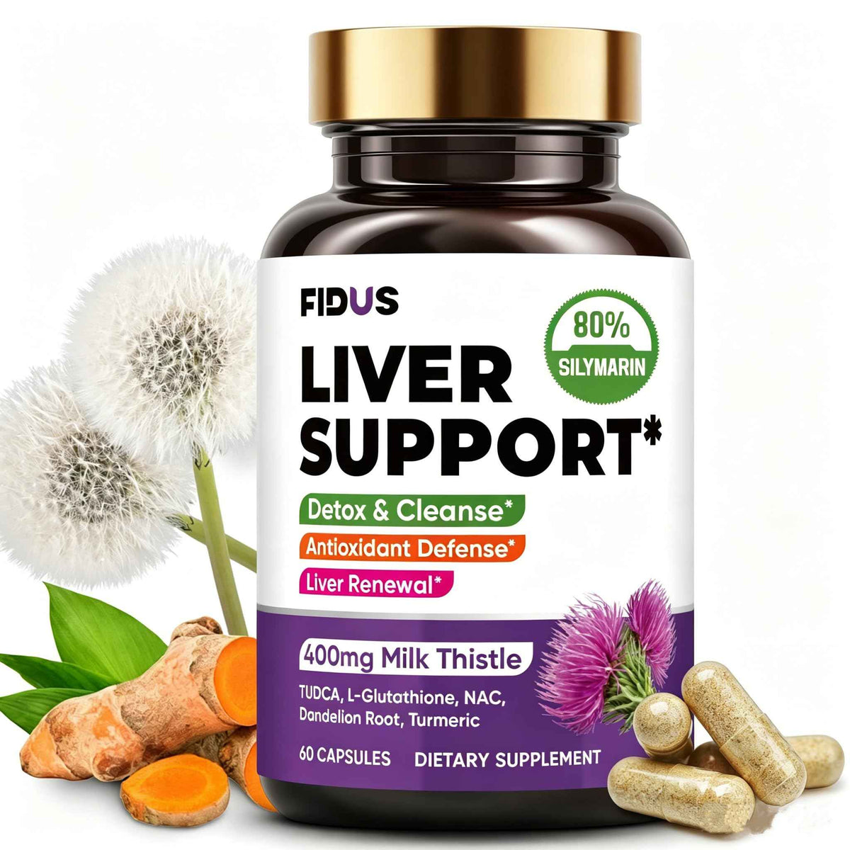 Fidus Milk Thistle Liver Liver Cleanse Detox & Detox Capsules - 400mg Silymarin with TUDCA, NAC, Turmeric & Dandelion Root for Liver Support - 60 Capsules