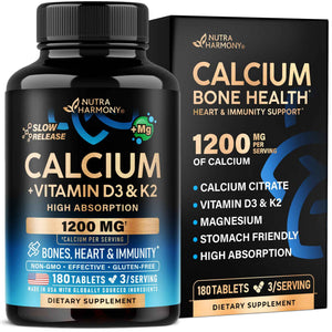 Calcium 1200 mg with Vitamin D3 - Calcium Citrate Supplements for Women & Men - Bone Health, Strength & Density - High Absorption & Slow Release