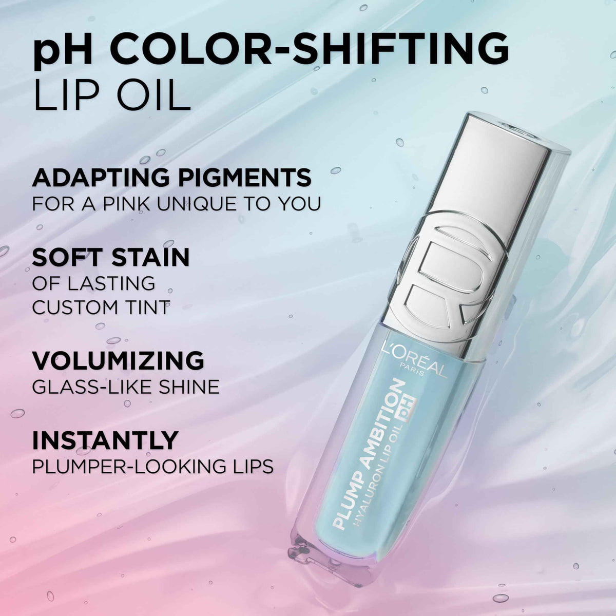 L'Oreal Paris Plump Ambition pH Hyaluron Lip Oil, Color Shifting Lip Tint with 24HR Hydration, Volumizing Shine and Lasting Color, 090 pH Berry Noir
