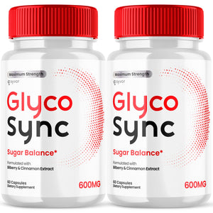 Two bottles of Glyco Sync dietary supplements with red caps on a white background