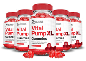Bottles of Vital Pump XL Gummies with red and white labels on a white background
