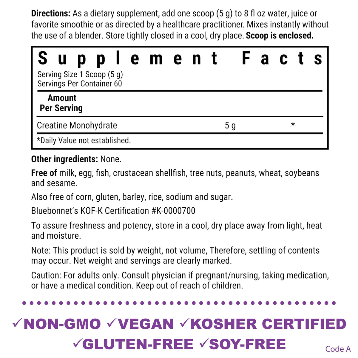 BlueBonnet Nutrition Micronized Creatine Monohydrate 5 g - Supports Lean Muscle Mass* - Non-GMO, Vegan, Kosher Certified, Gluten-Free, Soy-Free, Milk-Free