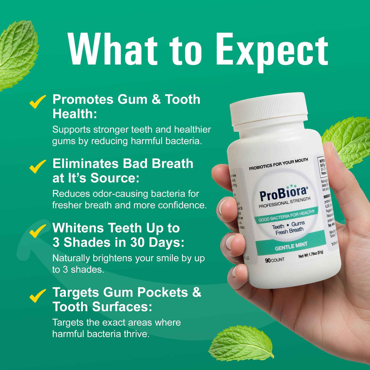 ProBiora Professional Strength Oral Probiotics for Teeth and Gums | Dental Probiotic for Oral Health | Bad Breath Treatment for Adults | Tooth Whitening | ProBiora3 Probiotic Blend | 90 Mint Tablets