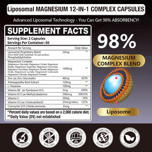 21 in 1 Liposomal 1400mg Magnesium Complex (Citrate, Glycinate, Malate etc) Capsule - 12 Active Types Magnesium with Vitamin D3, B6, B12, C, Ashwagandha & CoQ10 for Women & Men - Support Bone & Muscle Gulapelst buy supplements Au