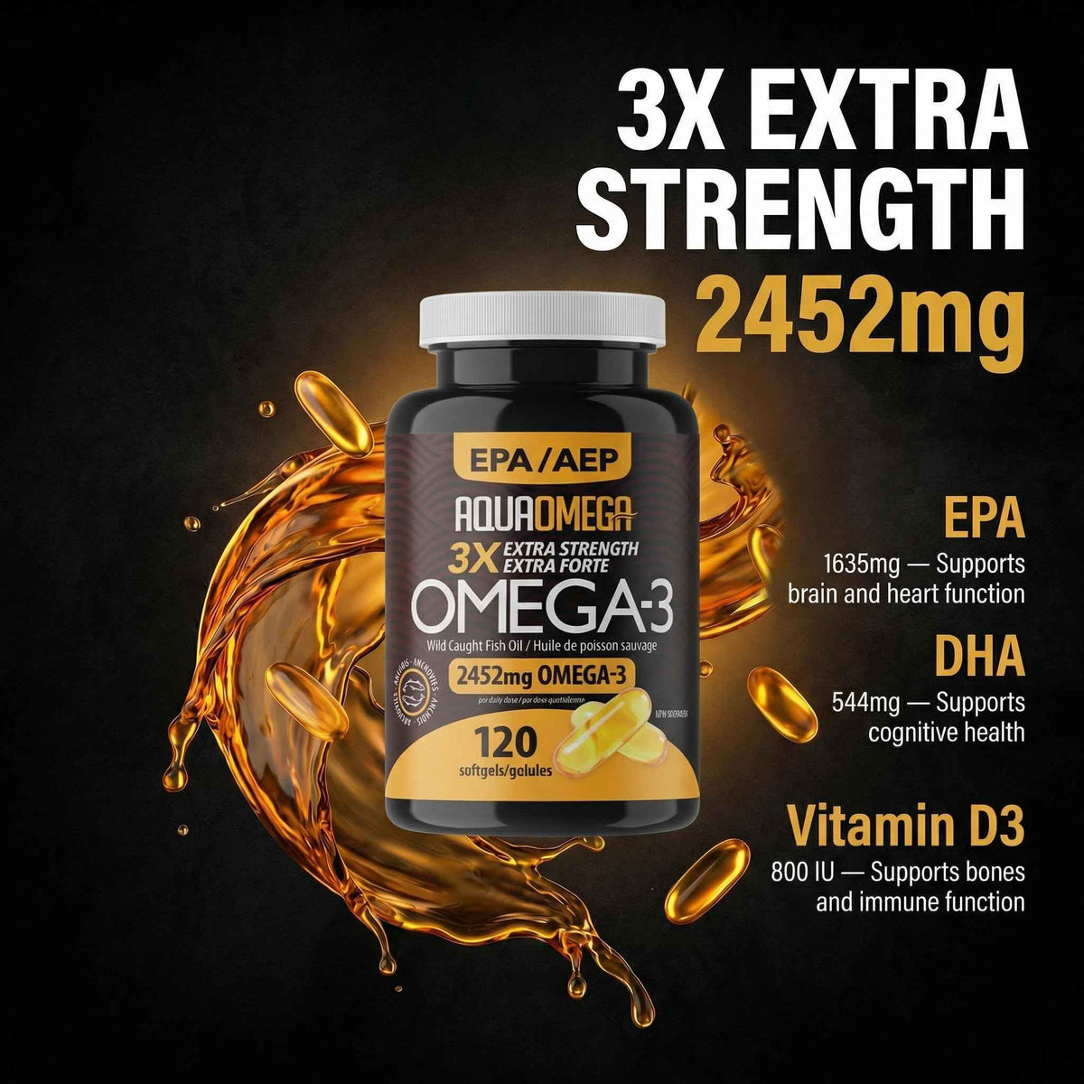 AQUAOMEGA 3X Extra Strength Omega-3 Fish Oil for Heart, Brain & Immune Support, 1636mg EPA, 544mg DHA + Vitamin D3, Full Natural Triglyceride Form,