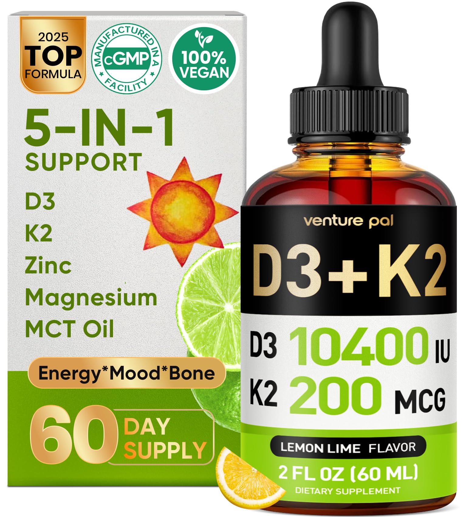 5-in-1 Vitamin D3 K2 Drops, Vitamin D3 10400 IU & K2(MK-7) 200mcg - With Magnesium, MCT Oil, Zinc, Maximum Absorption Vitamin D Liquid for Bone, Mood & Immune - Sugar Free - 2 FL OZ - 60 Days
