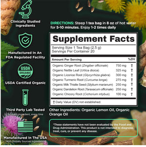 SuperBonsai Organic Liver Detox Tea – Dandelion Root & Milk Thistle Herbal Tea for Liver Support, Digestive Detox & Cleanse – Turmeric, Ginger & Nettle Botanical Blend