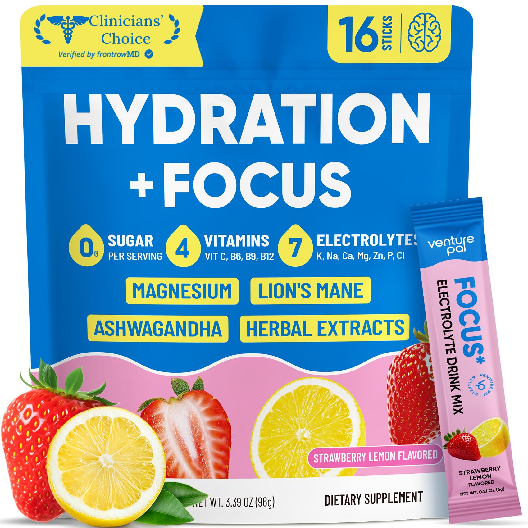 Venture Pal Sugar Free Hydration + Focus Electrolyte Packets, 16 Sticks - 7 Electrolytes + Vitamins, Magnesium, Lion's Mane & Ashwagandha, Boost Clarity & Energy, Electrolytes Powder, Vegan, Keto