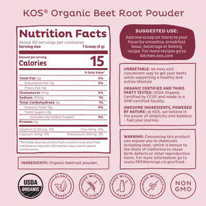 KOS Organic Beet Root Powder, USDA Organic - Natural Nitric Oxide Booster, Superfood Plant Based Beetroot Antioxidant, Supports Active Lifestyle & Healthy Circulation, Soy & Gluten-Free - 90 Servings KOS buy supplements Au