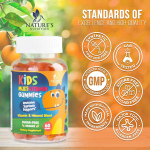 Kids Multivitamin Gummies - Improved Sugar-Free Formula - 100% Daily Folate, Kids Vitamins with Essential Vitamins A, C, D3, E, B6, B12 Nature's Nutrition