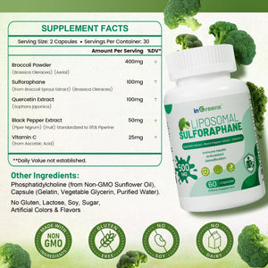 Liposomal Sulforaphane 500mg Supplement from Broccoli Extract with Quercetin, Black Pepper & Vitamin C – Antioxidant, Detox & Cellular Support, Cellular Health Formula for Men & Women, 60 Capsules inGreensBuy Supplements Australia