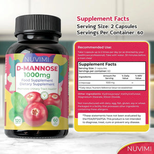 NUVIMI D Mannose 120 Capsules - 1000 mg per Dose - Dietary Supplement Helps Promote Urinary Tract Health - Natural Vegan UTI Defense NUVIMIBuy Supplements Australia