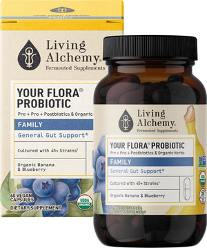 Living Alchemy Your Flora Probiotic supplement bottle and packaging on a white background