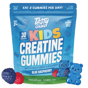Package of Tasty Gains Kids Creatine Gummies with blue raspberry flavor on a white background