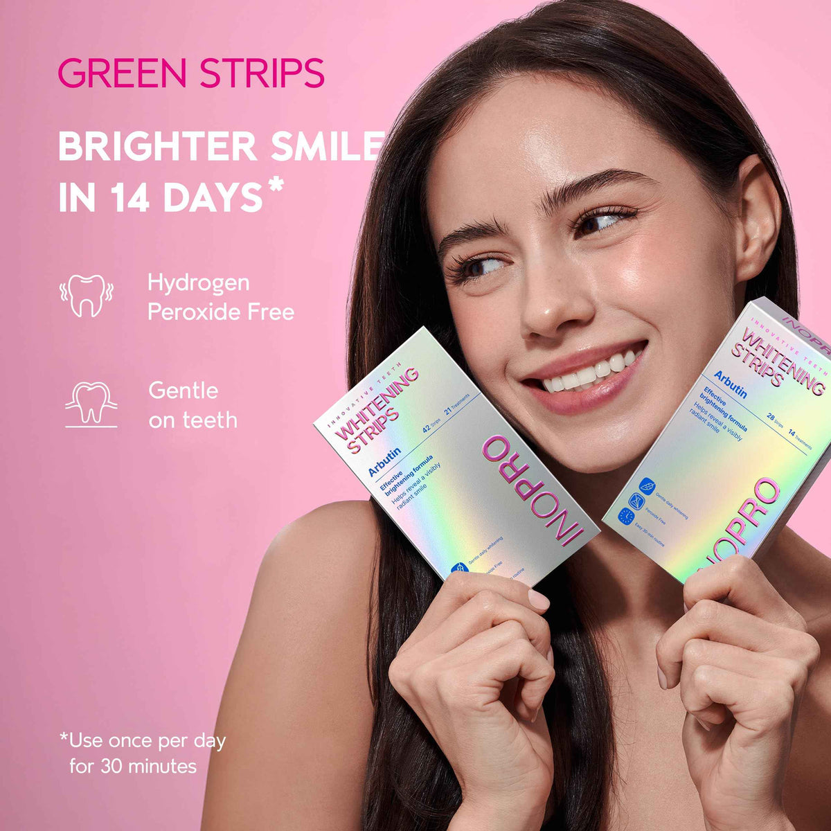 InoPro Teeth Whitening Strips 14 Treatments Kit - Enamel Safe Teeth Whitener, Peroxide-Free, Green White Strips