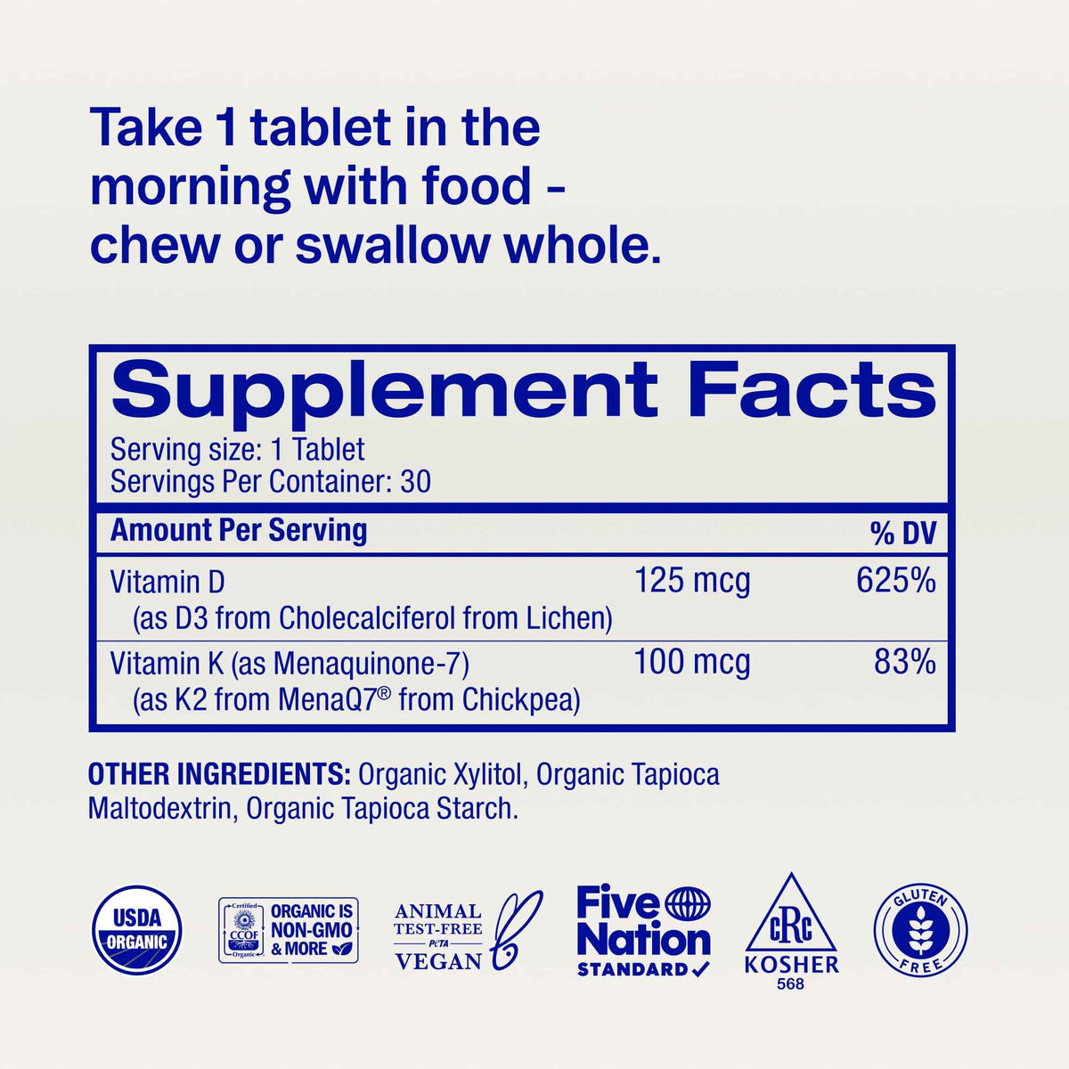 Ora Organic Vitamin D3 5000IU + K2 - Vegan Vitamin D from Lichen and K2 from Chickpeas for Bone Health, Immune Support, & Mood, Maximum Absorption - 1 Month Supply, 30 Chewable Tablets