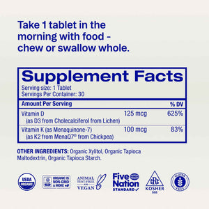 Ora Organic Vitamin D3 5000IU + K2 - Vegan Vitamin D from Lichen and K2 from Chickpeas for Bone Health, Immune Support, & Mood, Maximum Absorption - 1 Month Supply, 30 Chewable Tablets