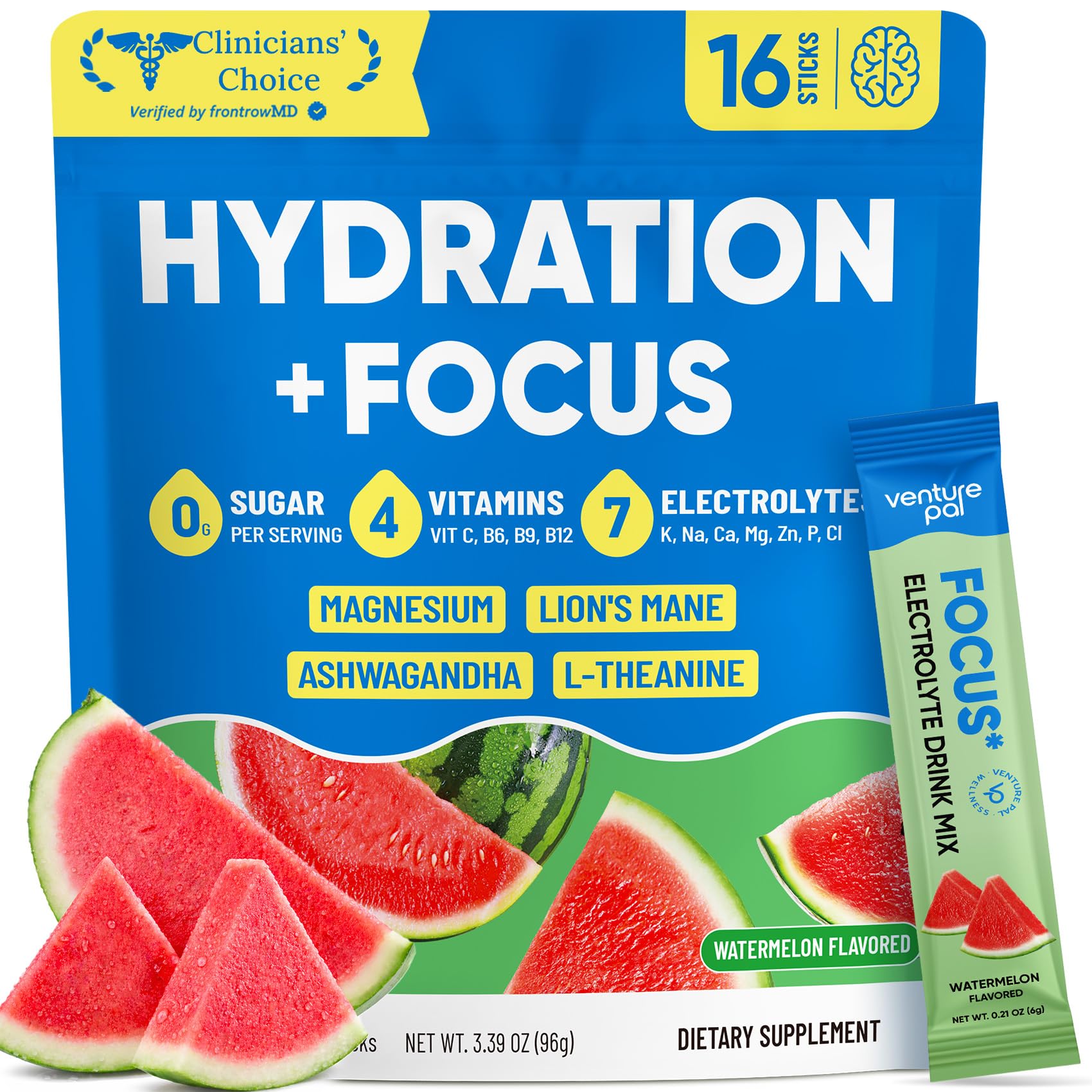 Venture Pal Sugar Free Hydration + Focus Electrolyte Packets, 16 Sticks - 7 Electrolytes + Vitamins, Magnesium, Lion's Mane & Ashwagandha, Boost Clarity & Energy, Electrolytes Powder, Vegan, Keto
